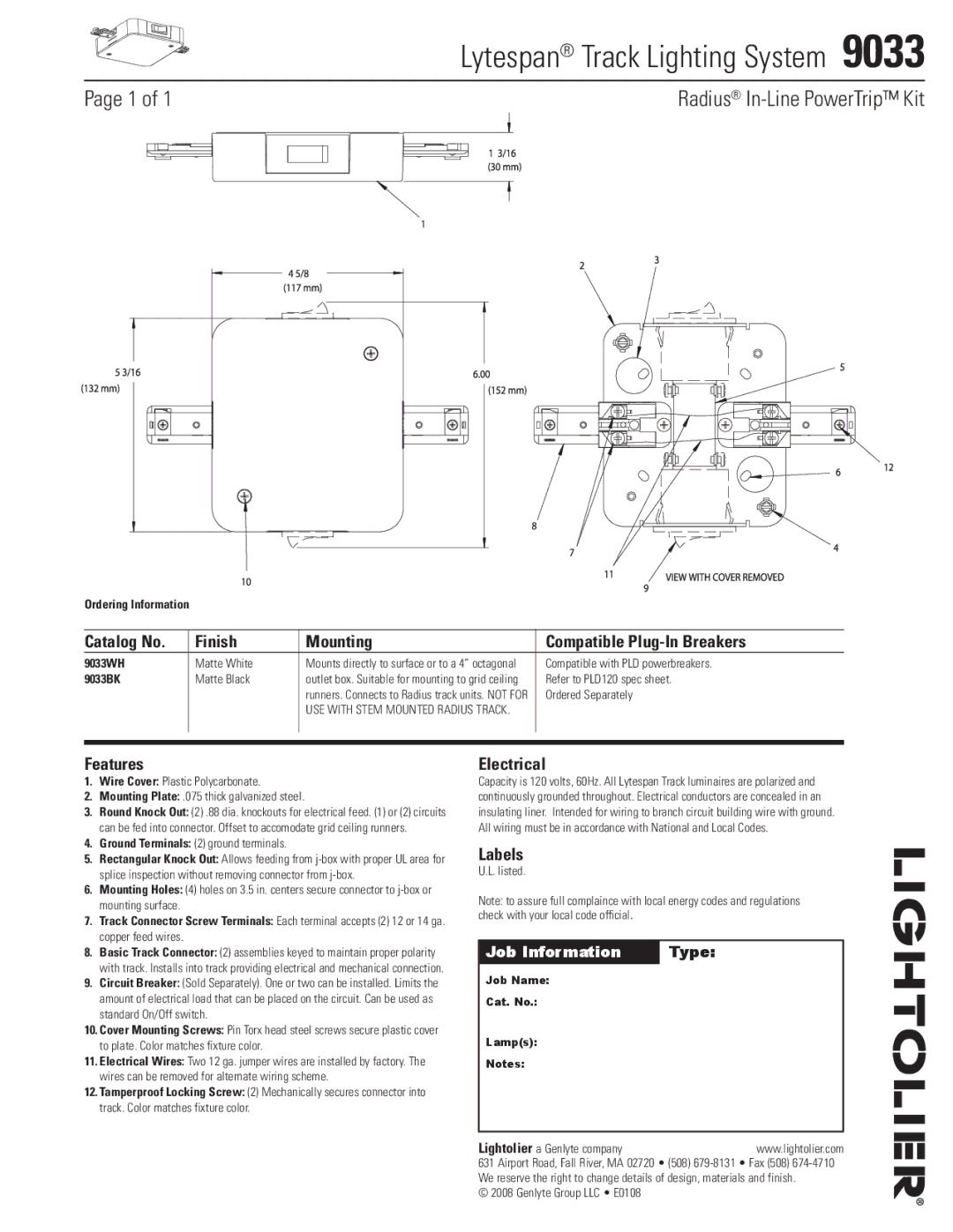 Lightolier 9033 manual Lytespan Track Lighting System , Radius In-Line PowerTrip Kit 